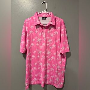 Sunday Swagger Stylin Palm Tree Golf Polo Pink and White Size XL